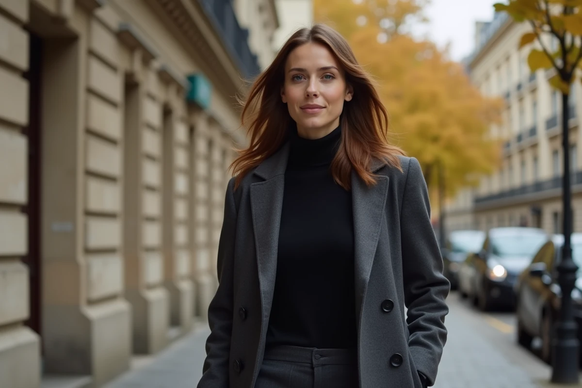 Actrice française dans la trentaine marchant sur un boulevard parisien en automne, illustration du profil artistique d'une star de série télévisée