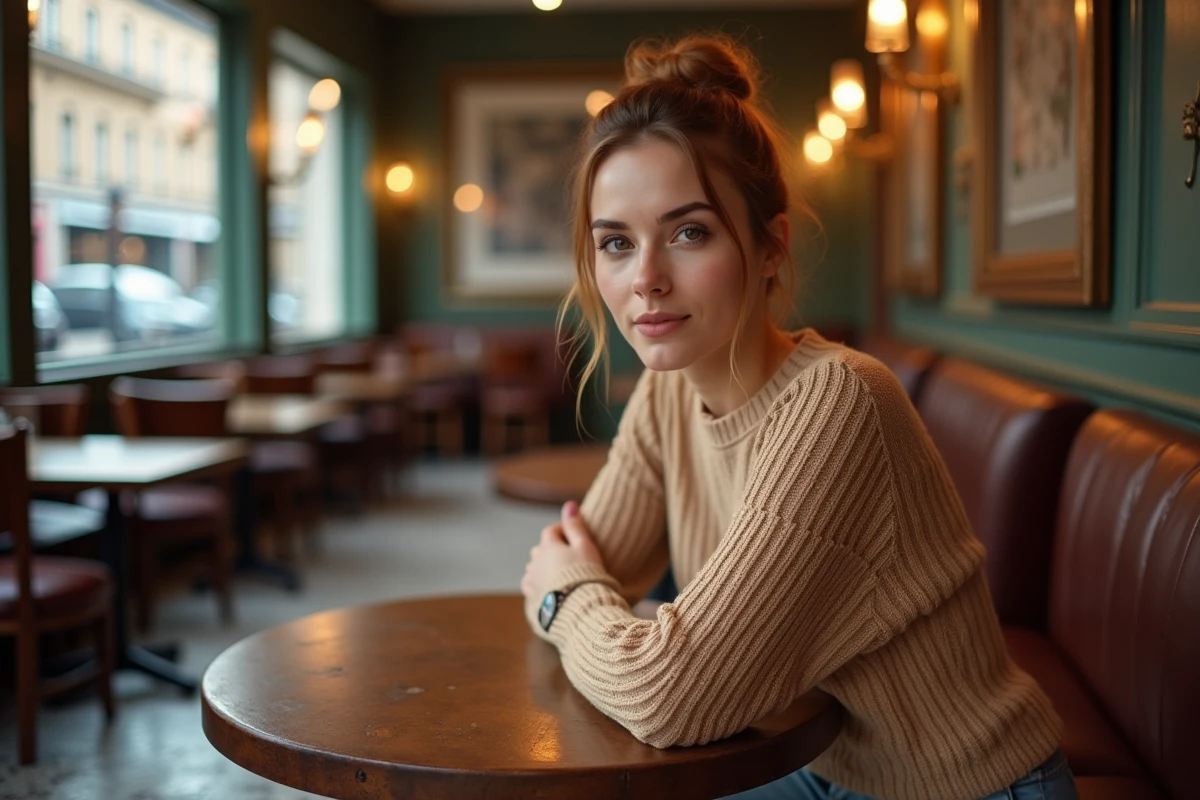 Femme dans la trentaine assise dans un café parisien, représentant le profil d'une actrice de série télévisée française populaire