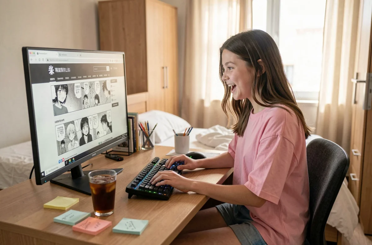 Adolescente passionnée de manga naviguant sur un site de lecture en ligne depuis son bureau dans sa chambre