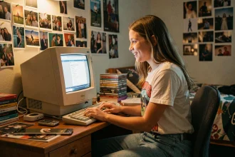 Adolescente des années 2000 utilisant un ordinateur de bureau pour publier sur son Skyblog dans sa chambre décorée de photos et de CD