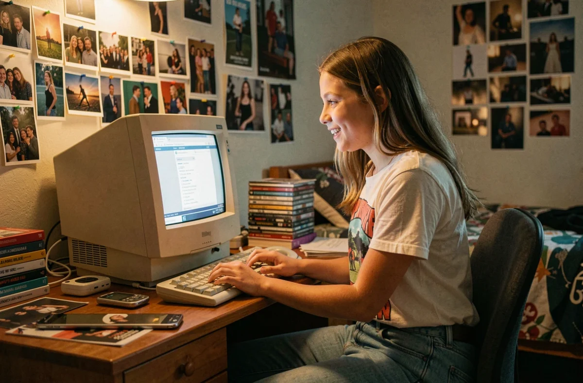 Adolescente des années 2000 utilisant un ordinateur de bureau pour publier sur son Skyblog dans sa chambre décorée de photos et de CD