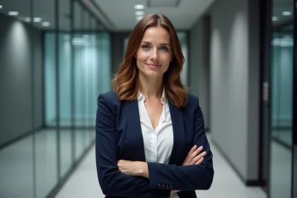 Jeune actrice française dans la trentaine posant dans un couloir de studio de télévision, évoquant l'univers de la série Un si grand soleil