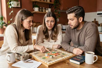 Groupe d'amis en train de jouer au Scrabble autour d'une table en bois avec un dictionnaire ouvert et des tuiles de lettres