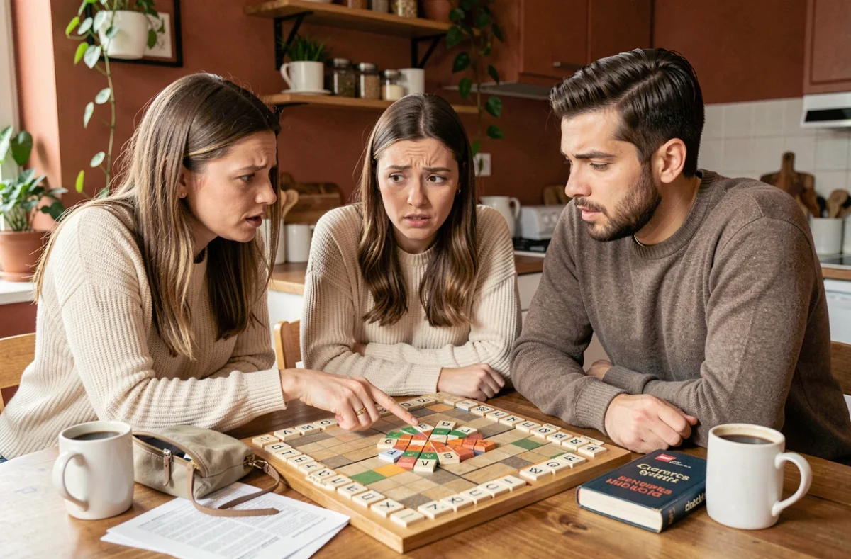 Groupe d'amis en train de jouer au Scrabble autour d'une table en bois avec un dictionnaire ouvert et des tuiles de lettres
