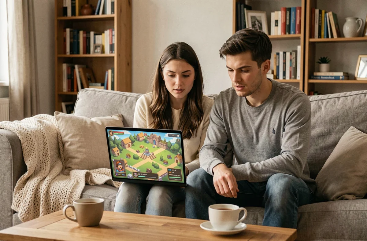 Deux amis joueurs regardant ensemble un jeu MMORPG fantasy sur un ordinateur portable dans un salon chaleureux