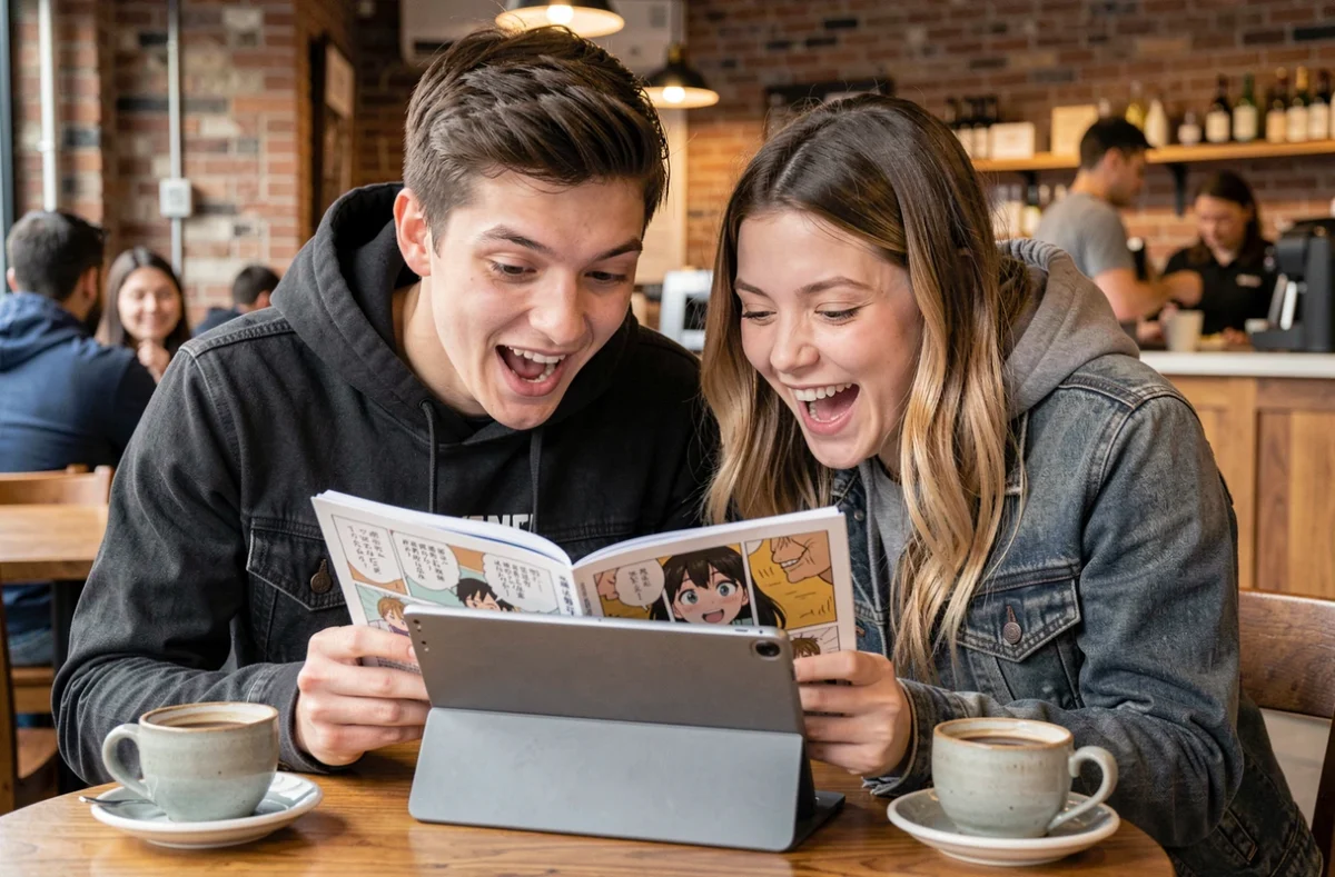 Deux amis découvrant ensemble des mangas en ligne sur une tablette dans un café urbain