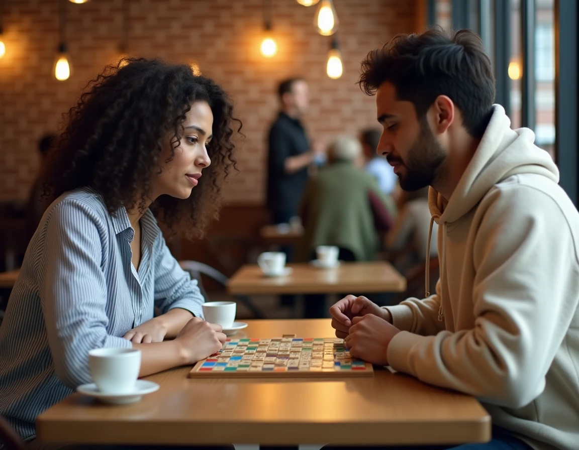 Deux amis jouant au Scrabble dans un café urbain, plateau de jeu visible avec des mots formés, ambiance compétitive et détendue