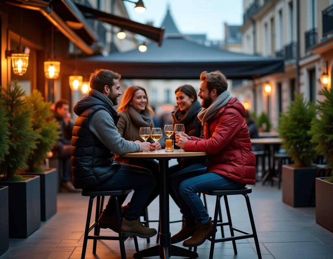 Groupe d'amis attablés sur une terrasse semi-couverte de boîte de nuit à Lille en automne, dans une ambiance conviviale et urbaine
