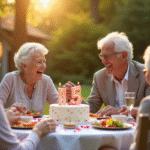 Couple âgé riant lors d'un anniversaire dans le jardin