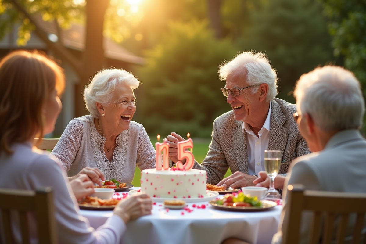 Couple âgé riant lors d'un anniversaire dans le jardin