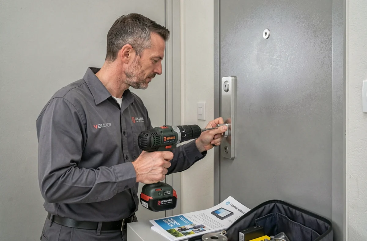 Technicien d'APH Alpes Protec Habitat sécurisant un logement en Isère