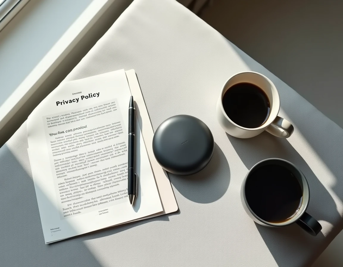 Vue de dessus d'un appareil IA Rabbit R1 posé avec un document de politique de confidentialité, illustrant les risques de protection des données personnelles