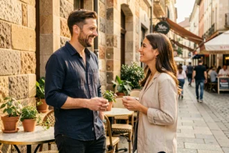 Homme souriant abordant une femme en terrasse de café dans une ambiance urbaine détendue