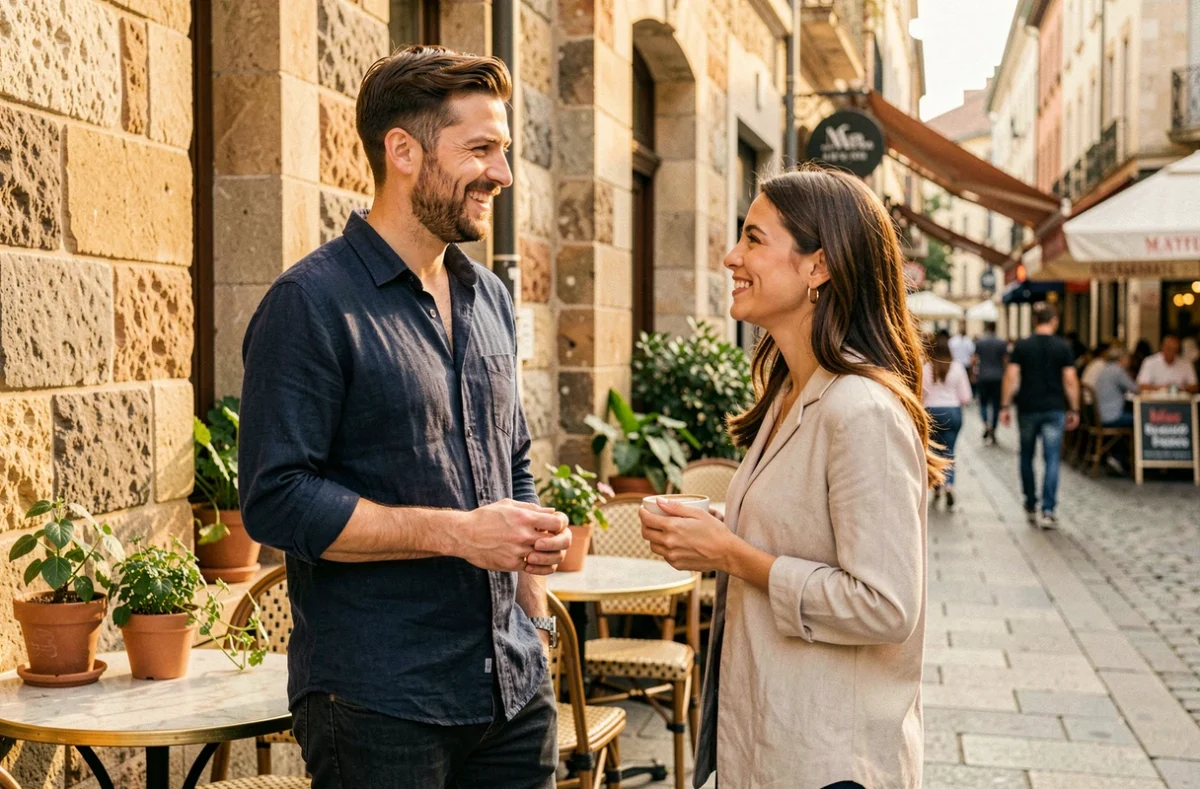 Homme souriant abordant une femme en terrasse de café dans une ambiance urbaine détendue