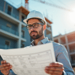 Architecte confiant examinant des plans sur un chantier moderne