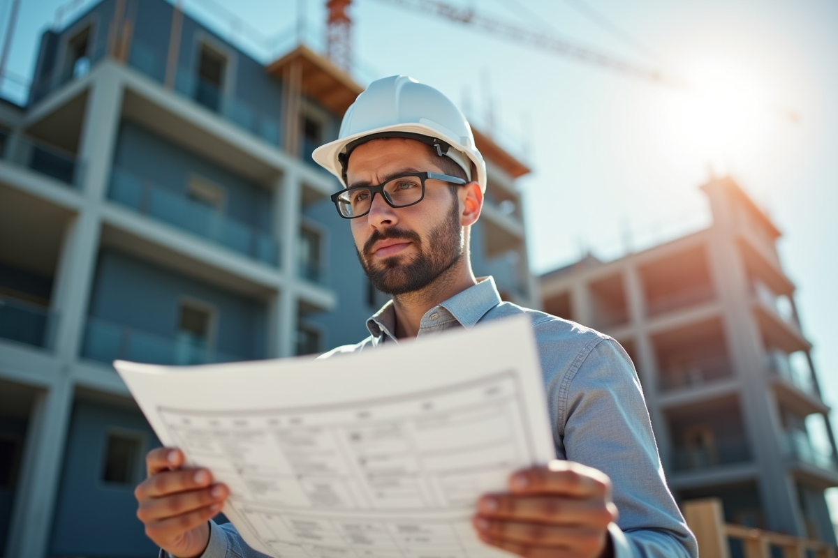 Architecte confiant examinant des plans sur un chantier moderne