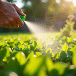 Mains pulvérisant herbicide sur mauvaises herbes vertes en jardin