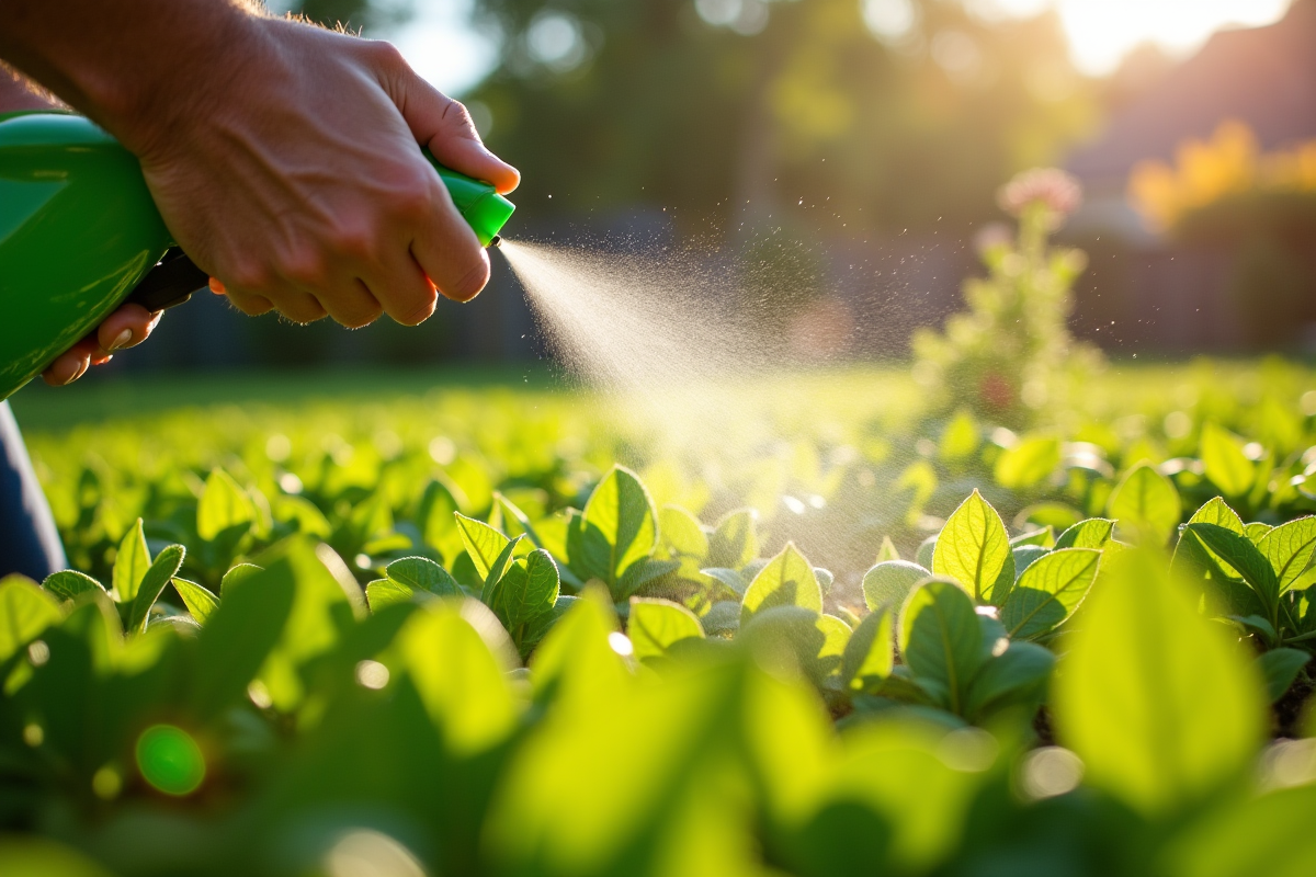 Mains pulvérisant herbicide sur mauvaises herbes vertes en jardin