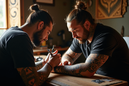 Artiste Maori appliquant un tatouage tā moko dans un studio ensoleille