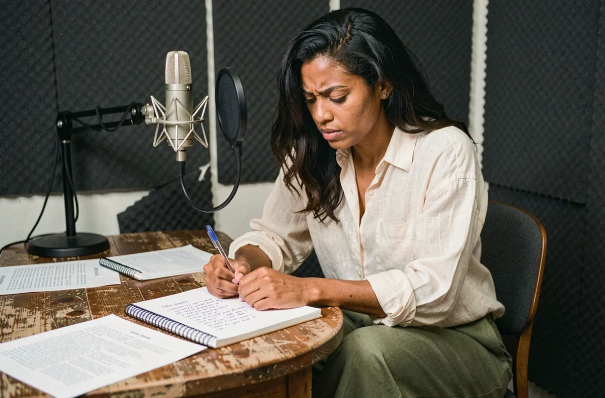 Femme auteure de slam et rap écrivant des paroles dans un carnet dans un studio d'enregistrement indépendant