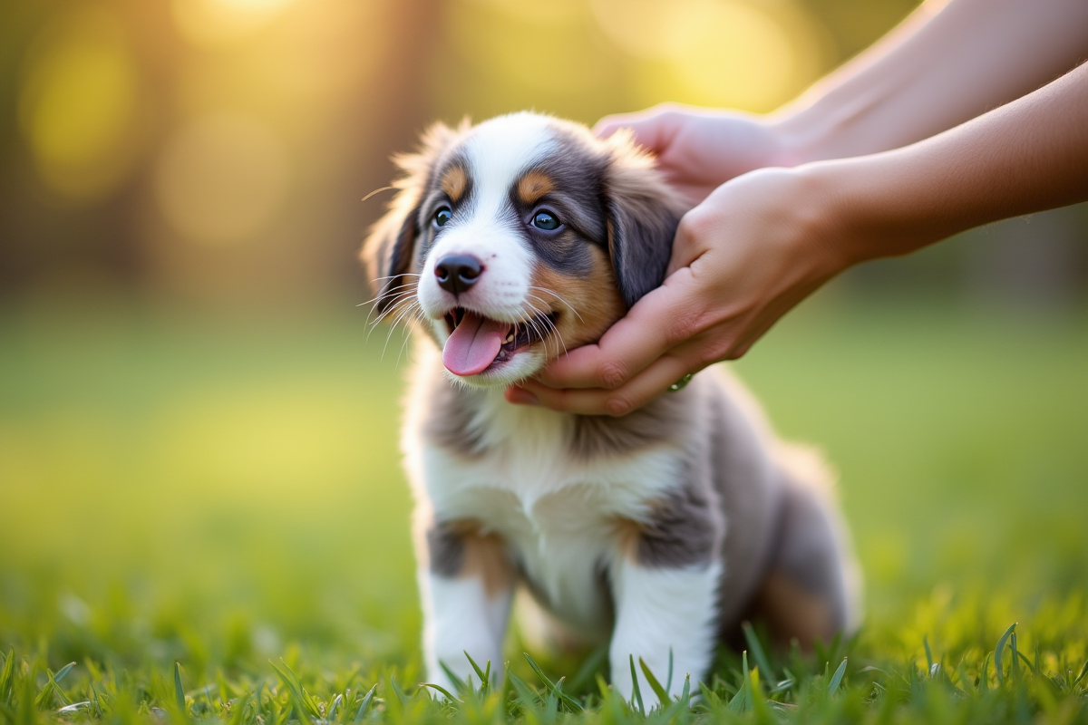 Bébé australian shepherd brossé par un adulte en extérieur