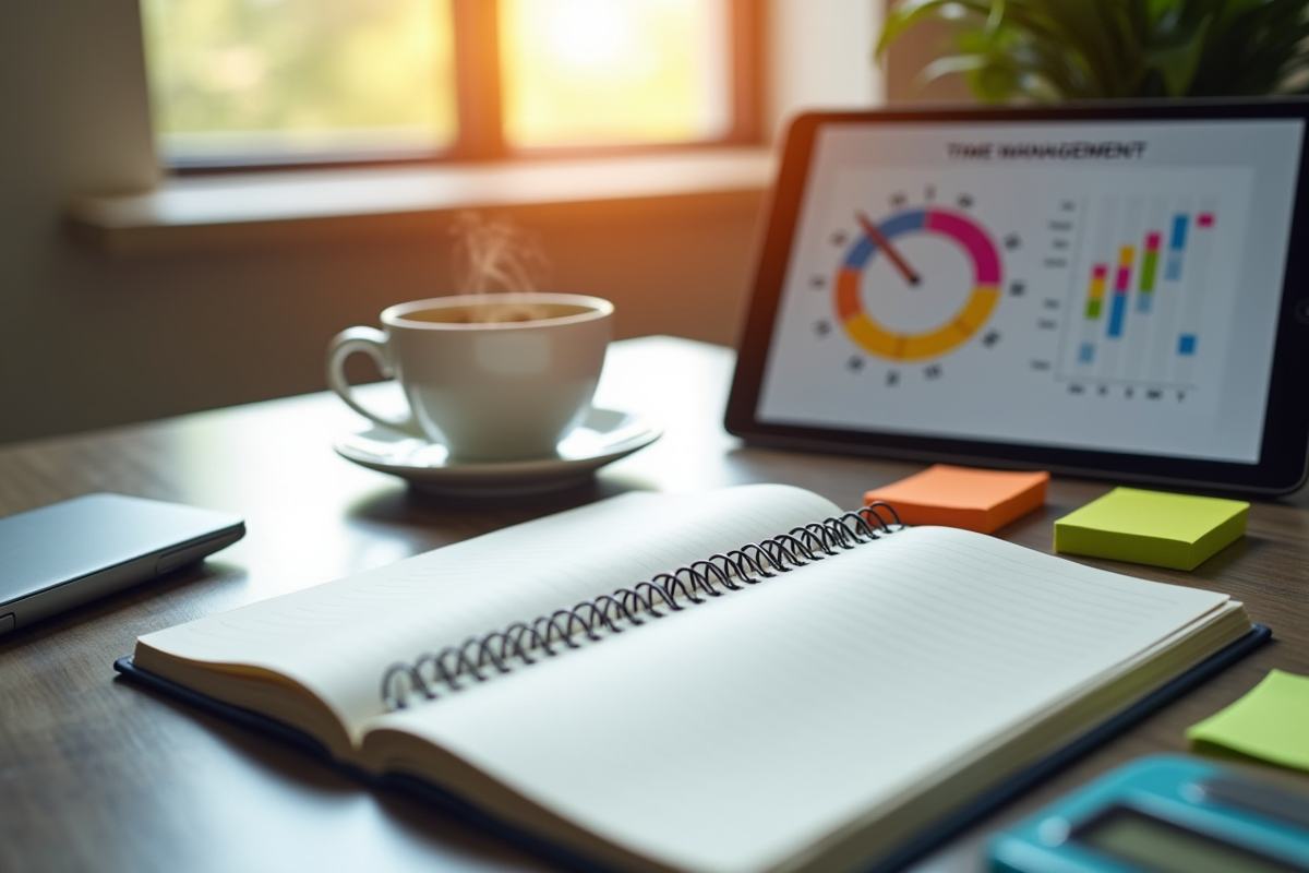 Bureau moderne avec carnet et tablette pour gestion du temps