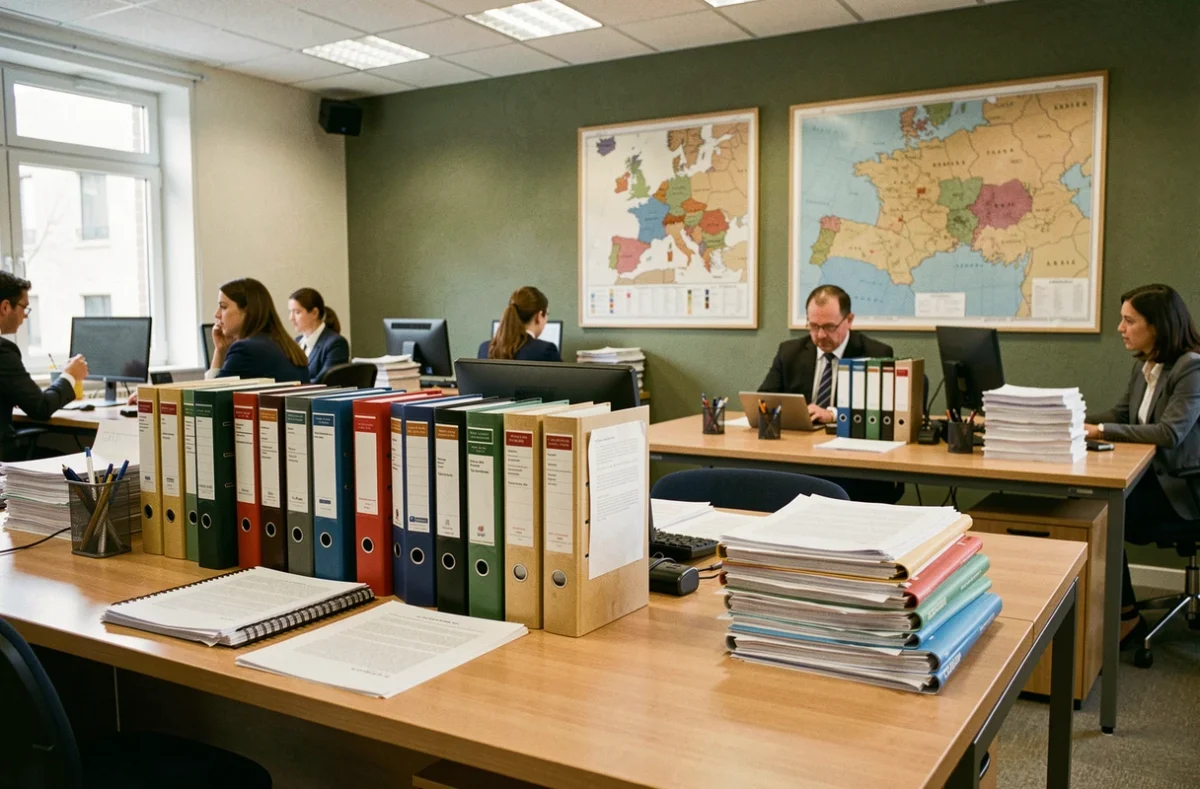 Espace de travail moderne du cabinet Atlas Avocat au barreau de Caen avec bureaux et documentation juridique