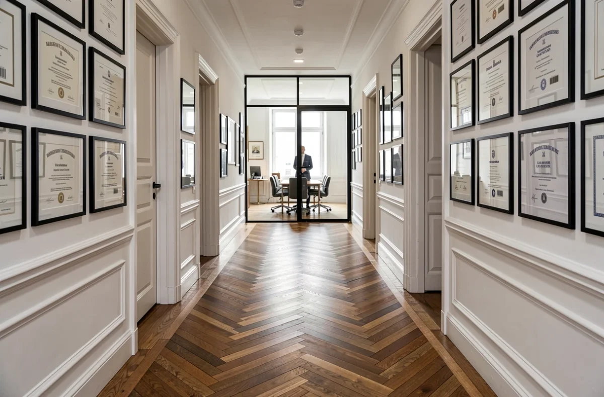Couloir élégant du cabinet Benoît Vettes au barreau de Rouen avec parquet en chevrons et diplômes encadrés