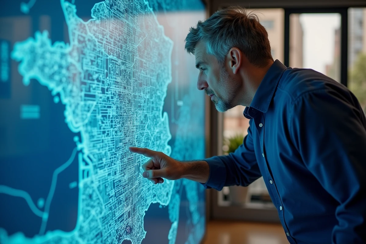 Urbaniste consultant une carte de densité des grandes villes de France sur écran interactif dans un bureau de planification urbaine