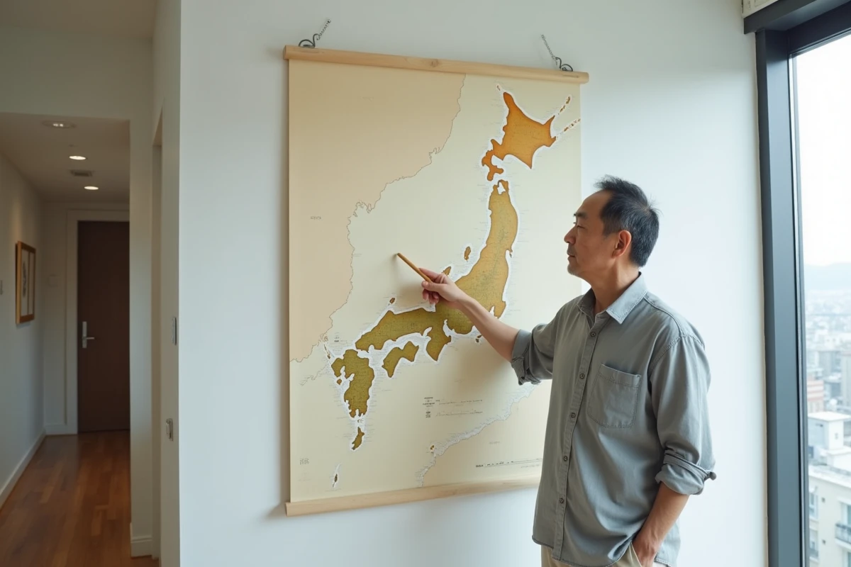 Homme pointant une région sur une carte du Japon pour identifier une ville en 5 lettres