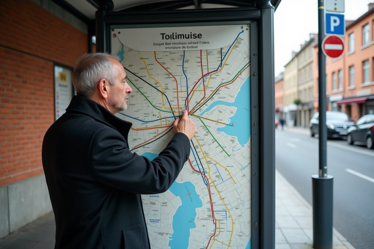 Homme consultant la carte des transports en commun de Toulouse à un arrêt de bus