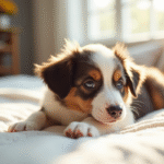 Chiot australian shepherd blanc sur une couverture