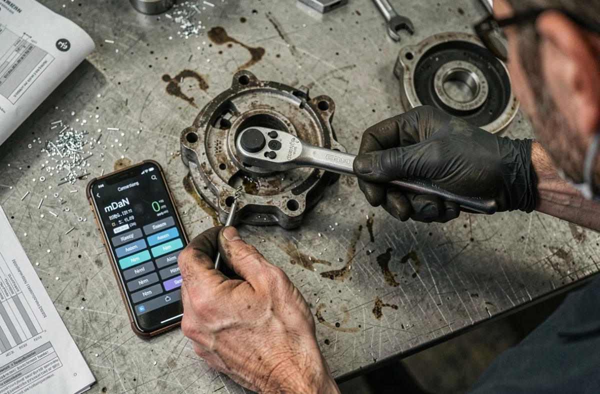 Gros plan de mains de mécanicien tenant une clé dynamométrique avec un smartphone affichant un convertisseur mDaN en Nm