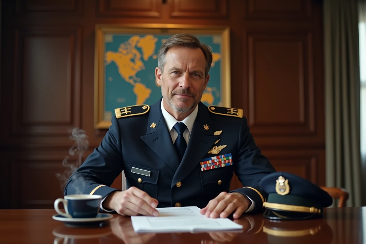Colonel en uniforme bleu marine assis à une table de réunion militaire, consultant des documents avec un sourire discret, casquette posée à côté d'un café — portrait intérieur évoquant Roy Mustang de Fullmetal Alchemist Brotherhood