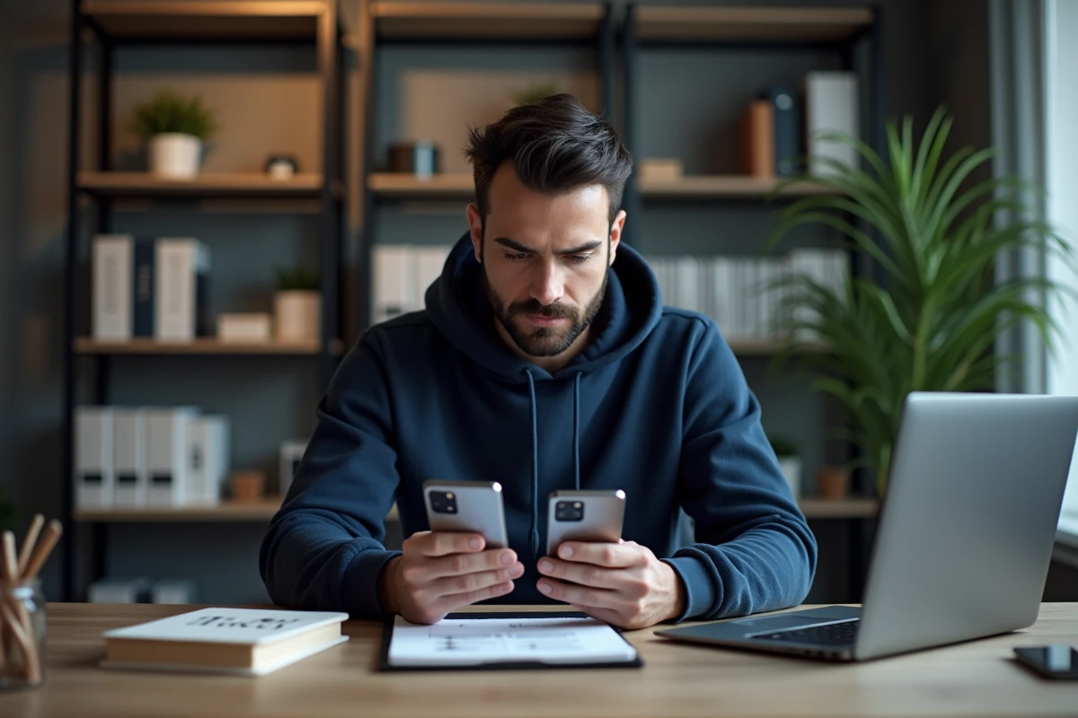 Homme comparant deux Samsung reconditionnés sur un bureau à domicile avec des comparaisons de prix sur ordinateur portable