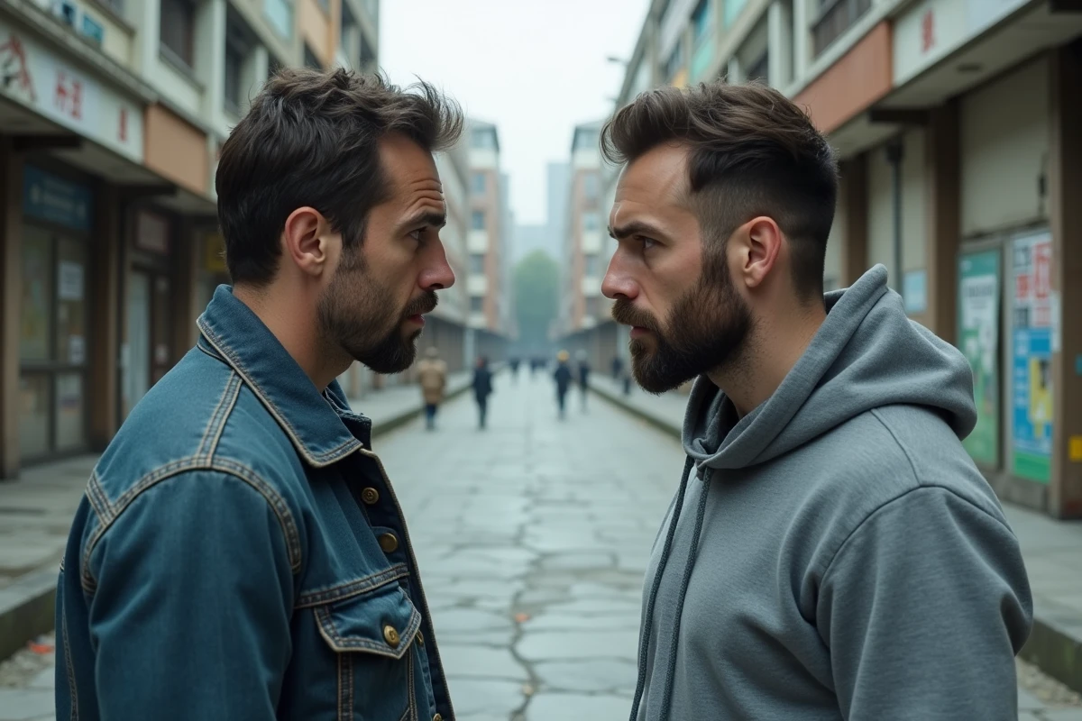 Deux hommes adultes dans une confrontation urbaine tendue illustrant le concept hobbesien de la guerre de tous contre tous
