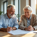 Conseiller financier souriant avec un couple senior dans un bureau lumineux