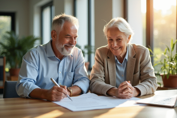 Conseiller financier souriant avec un couple senior dans un bureau lumineux