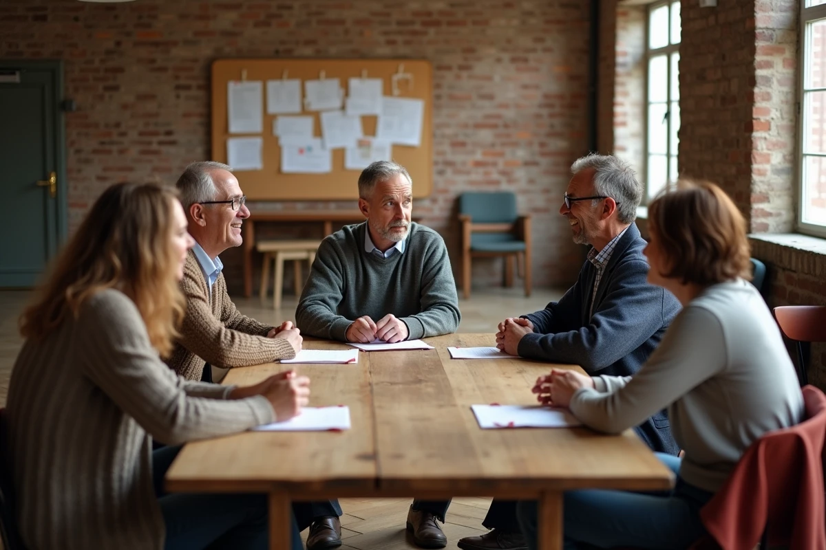 Groupe de citoyens adultes en discussion collective dans une salle communautaire illustrant le contrat social en réponse à la pensée de Hobbes