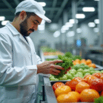 Inspecteur en sécurité alimentaire vérifiant des produits frais