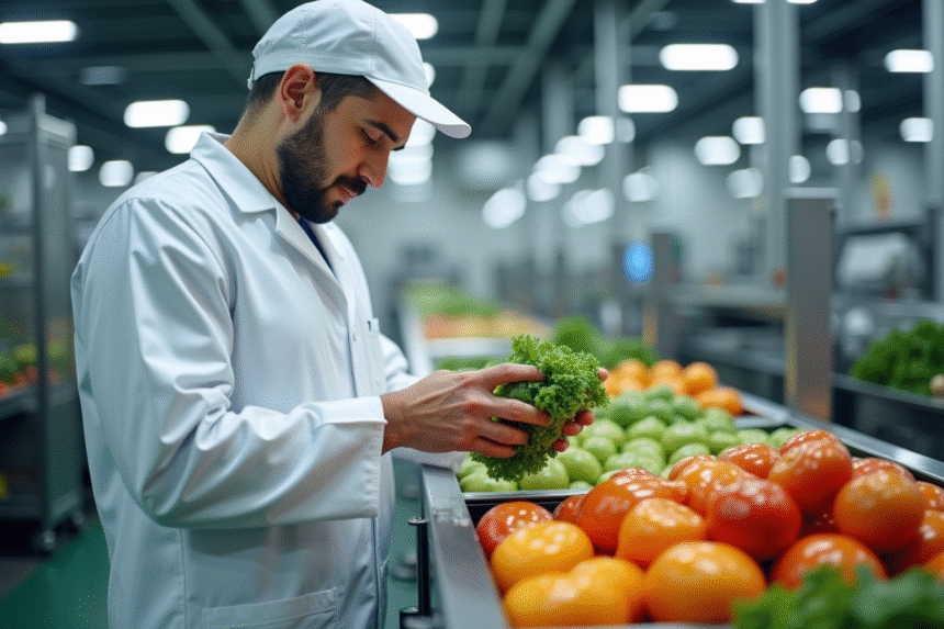 Inspecteur en sécurité alimentaire vérifiant des produits frais