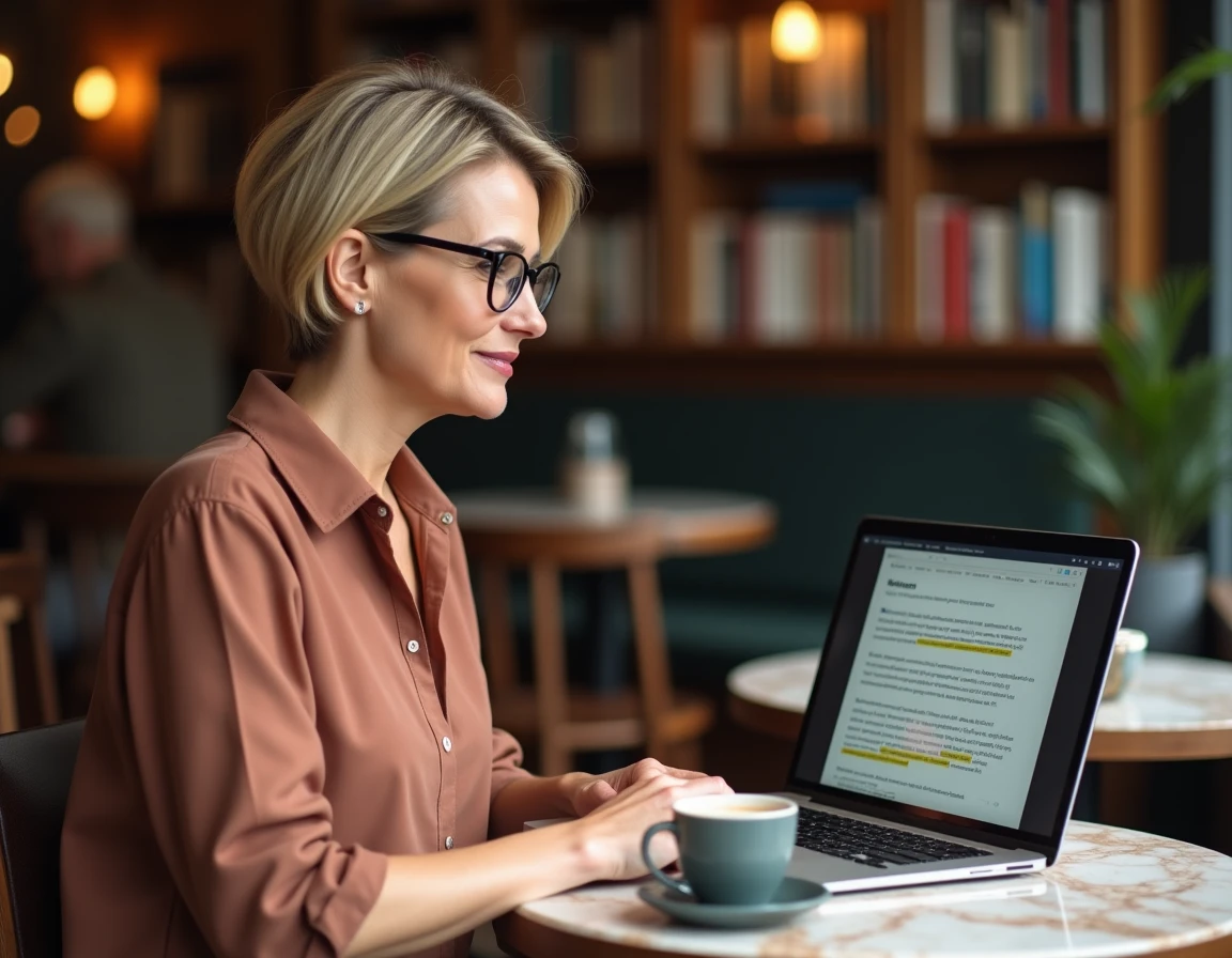 Femme rédactrice utilisant un correcteur orthographique et grammatical en français dans un café parisien