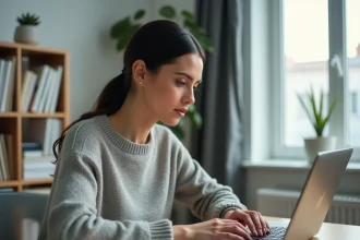 Femme utilisant un outil de correction grammaticale en ligne sur son ordinateur portable dans un bureau moderne