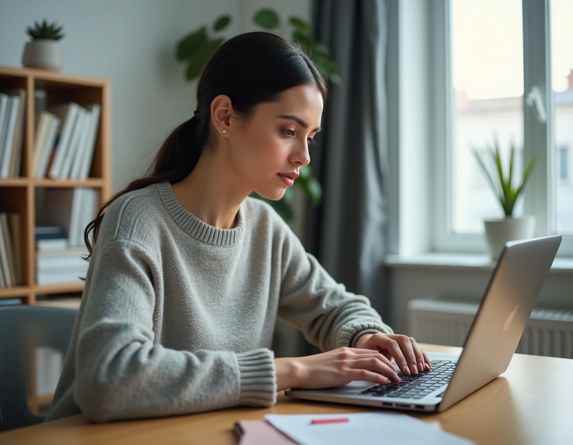 Femme utilisant un outil de correction grammaticale en ligne sur son ordinateur portable dans un bureau moderne