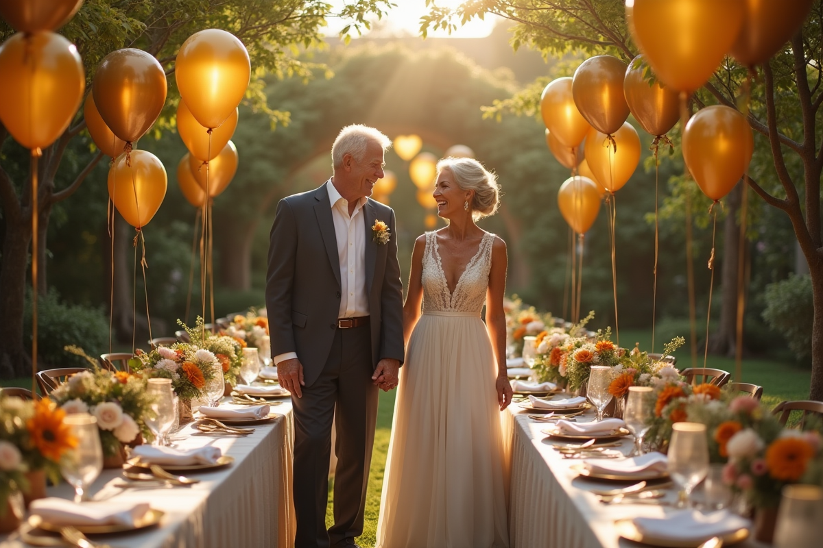 Couple d'âge mûr riant dans un jardin décoré pour un anniversaire