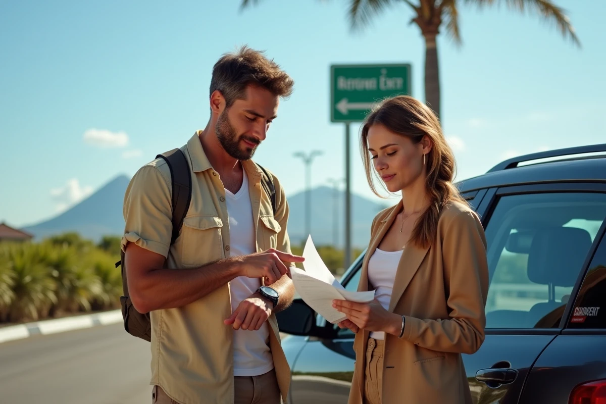 Couple de voyageurs vérifiant l'heure et leur planning à leur arrivée à La Réunion après un décalage horaire
