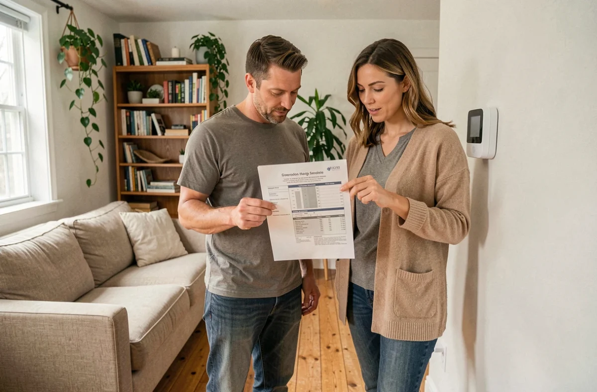 Couple analysant leur audit énergétique devant un thermostat connecté dans un salon éco-responsable