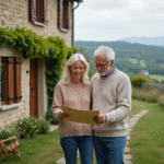 Couple souriant devant une ferme en pierre avec carte