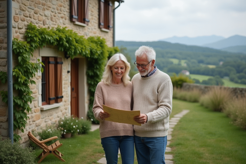 Couple souriant devant une ferme en pierre avec carte