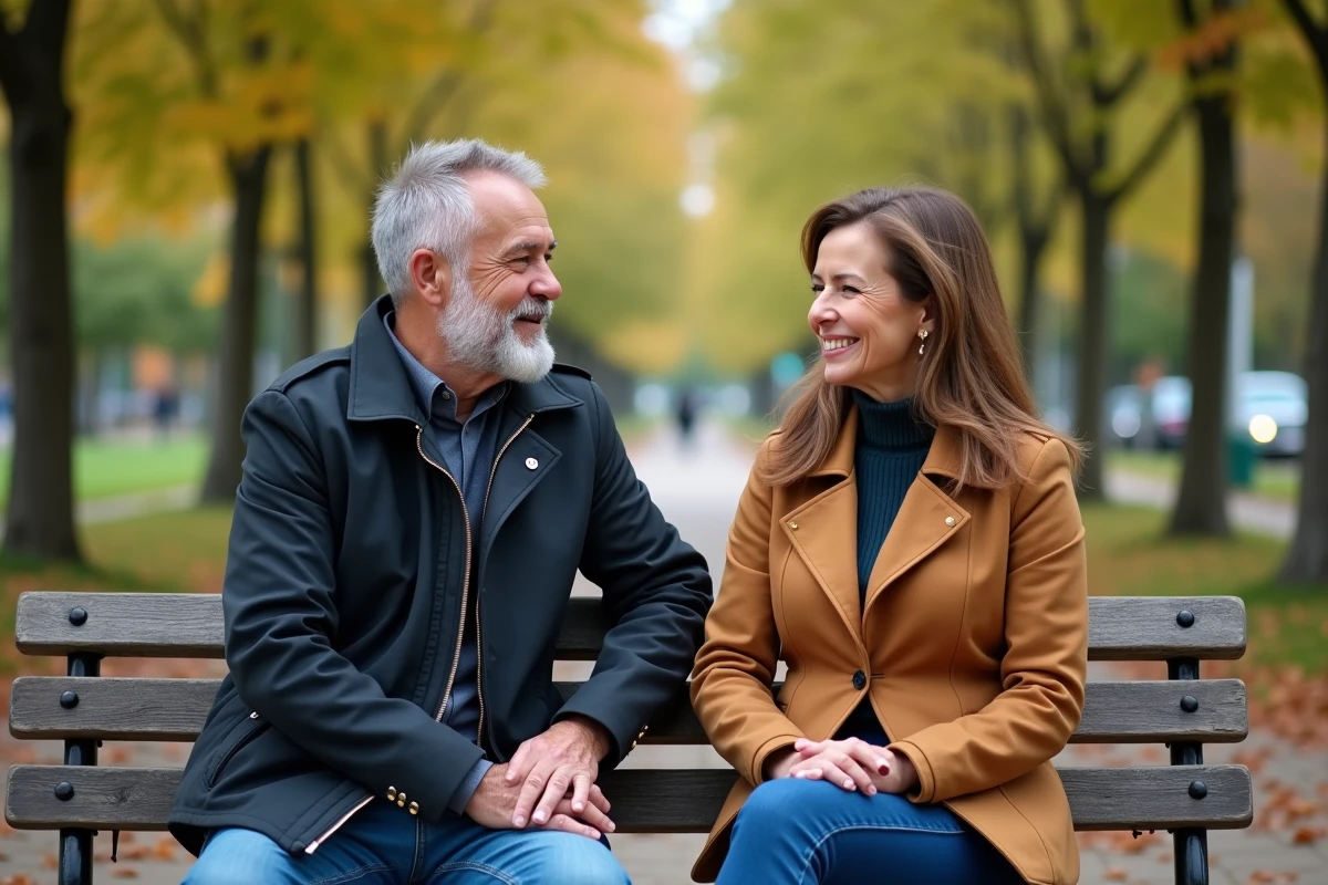 Couple discutant assis sur un banc dans un parc